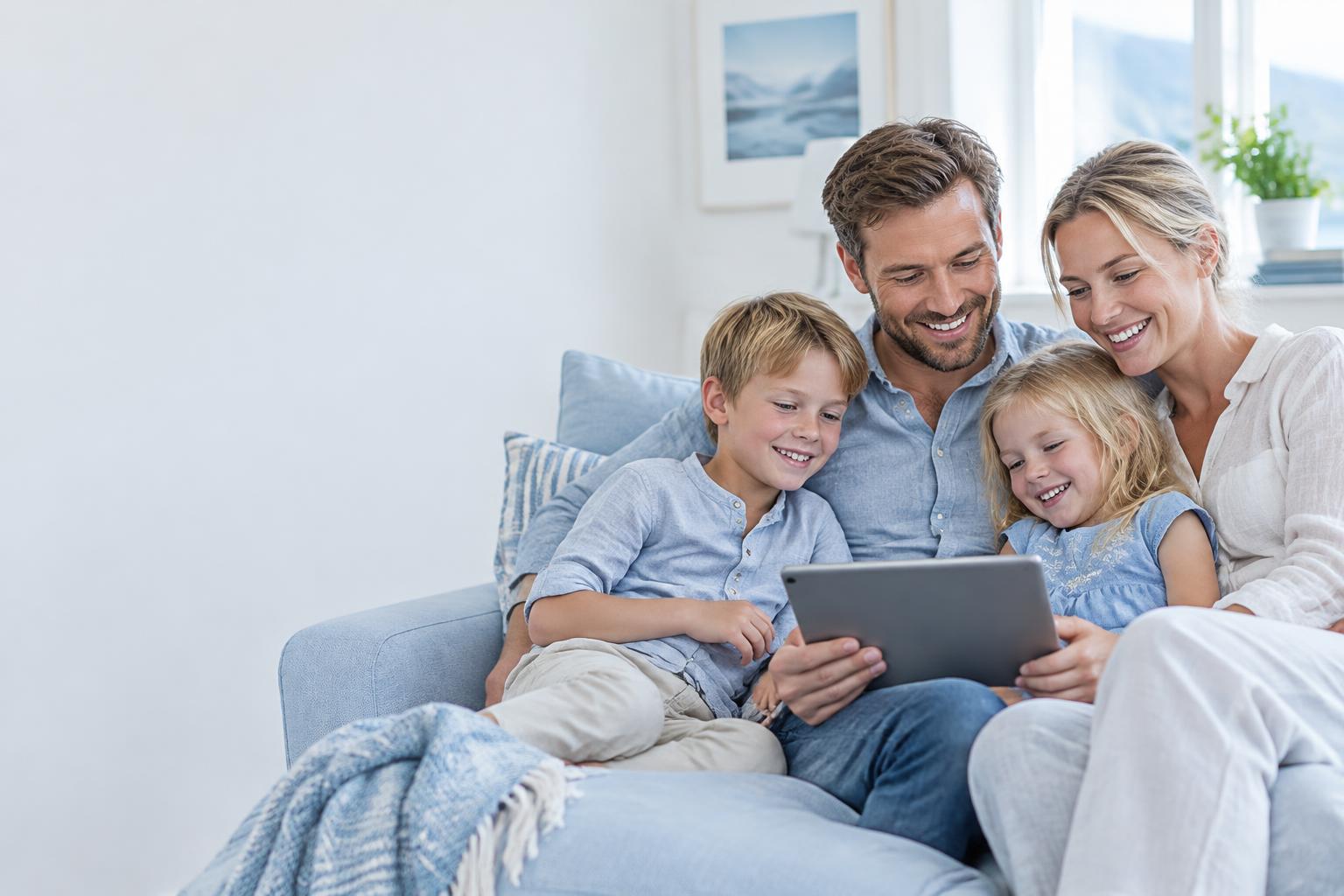 En familie samlet rundt et nettbrett i en lys stue